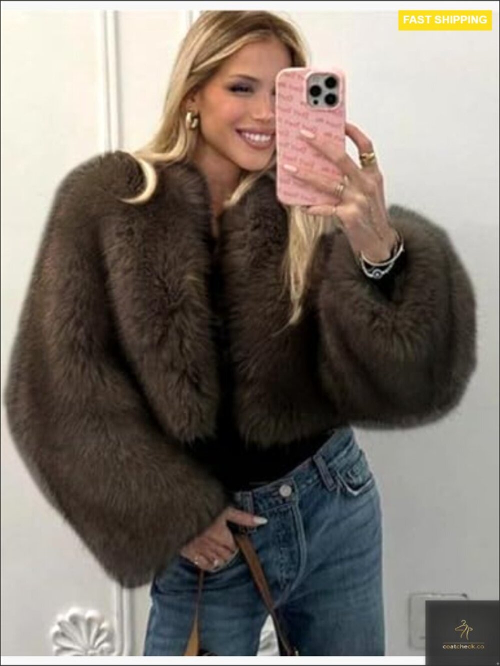 Cropped Faux Fur Coat Fluffy Open Front Winter Warm Outerwear Jacket - Picture 3 of 7